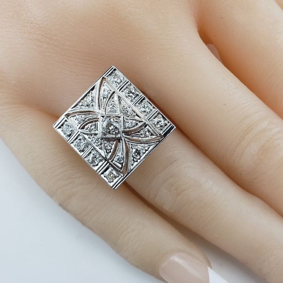 Platinum and Diamond Tile Ring with Milgrain Edges Size 6.5 #18860 - Picture 7 of 8